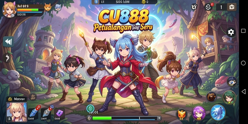 Tangkapan layar gameplay CU888 menampilkan karakter anime yang sedang bertarung.