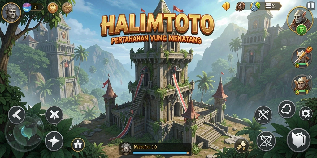 Tampilan gameplay HALIMTOTO dengan menara yang siap beraksi.