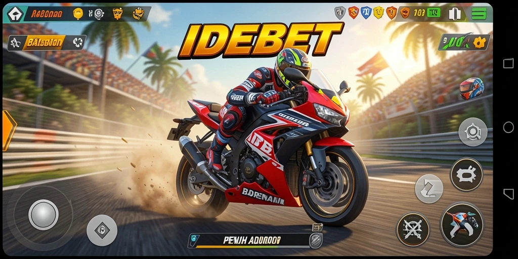 Tampilan gameplay IDEBET dengan aksi balapan motor yang mendebarkan.