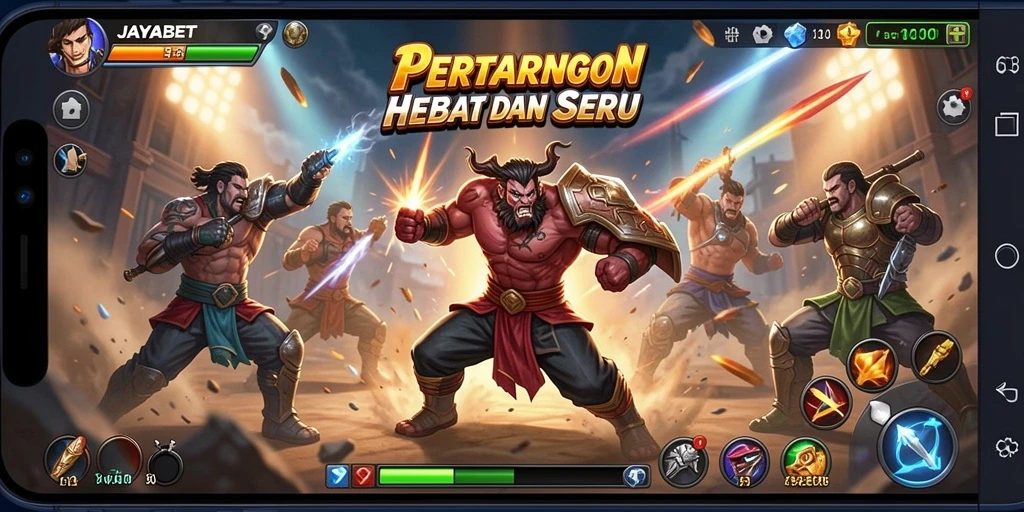 Screenshot gameplay JAYABET menunjukkan pertempuran seru antara karakter.