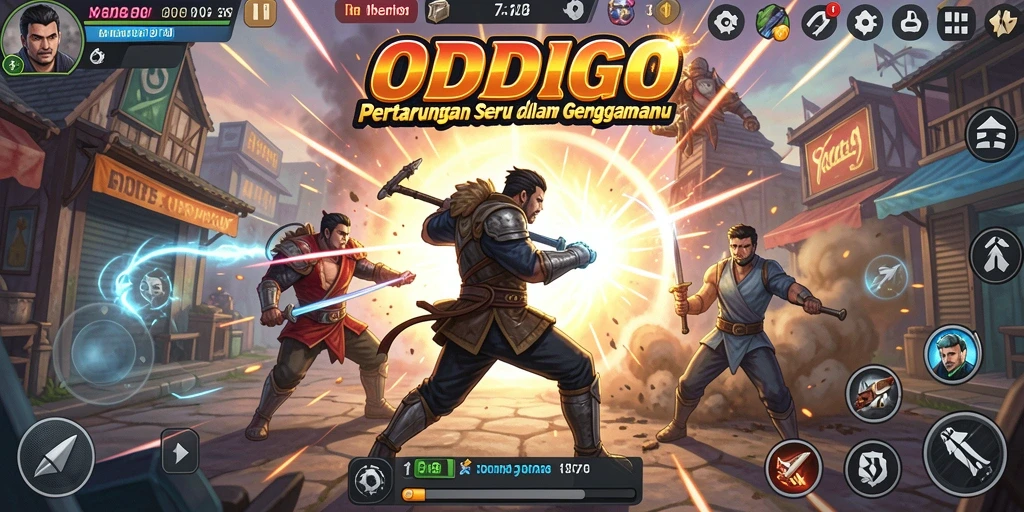 Screenshot utama ODDIGO menampilkan aksi intens dalam pertarungan MOBA.