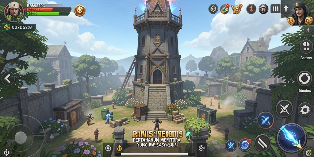 Tampilan gameplay RANS303 menampilkan pertahanan menara yang penuh aksi.