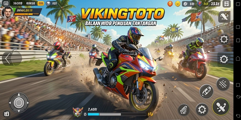 Tampilan gameplay seru dari VIKINGTOTO dengan balapan motor yang mendebarkan.