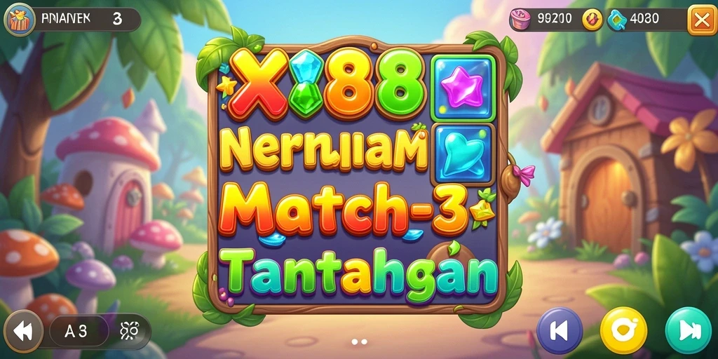 Screenshot X88 menampilkan gameplay seru dengan pertempuran Match-3 yang penuh warna.